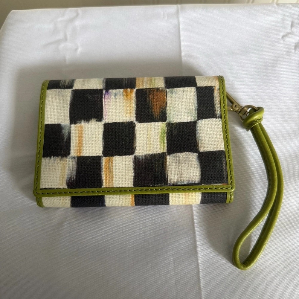 Mackenzie Childs Courtly Check Checkered Wristlet Wallet Black White Green